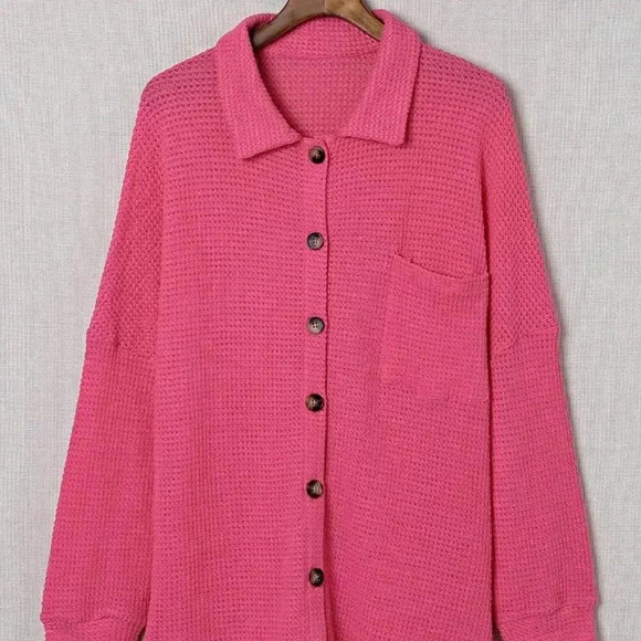 Pink Cute Women's Button Front Waffle Knit Long Sleeve Shacket - Picture 3 of 3